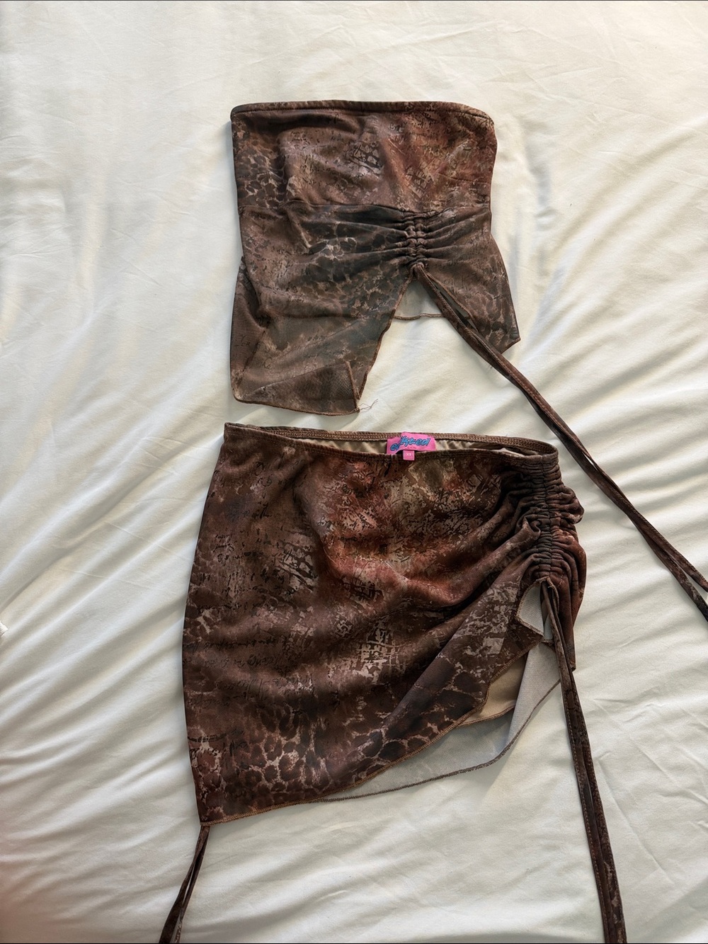 Adiktd Brown Ruched Animal-Print Mini Skirt Set